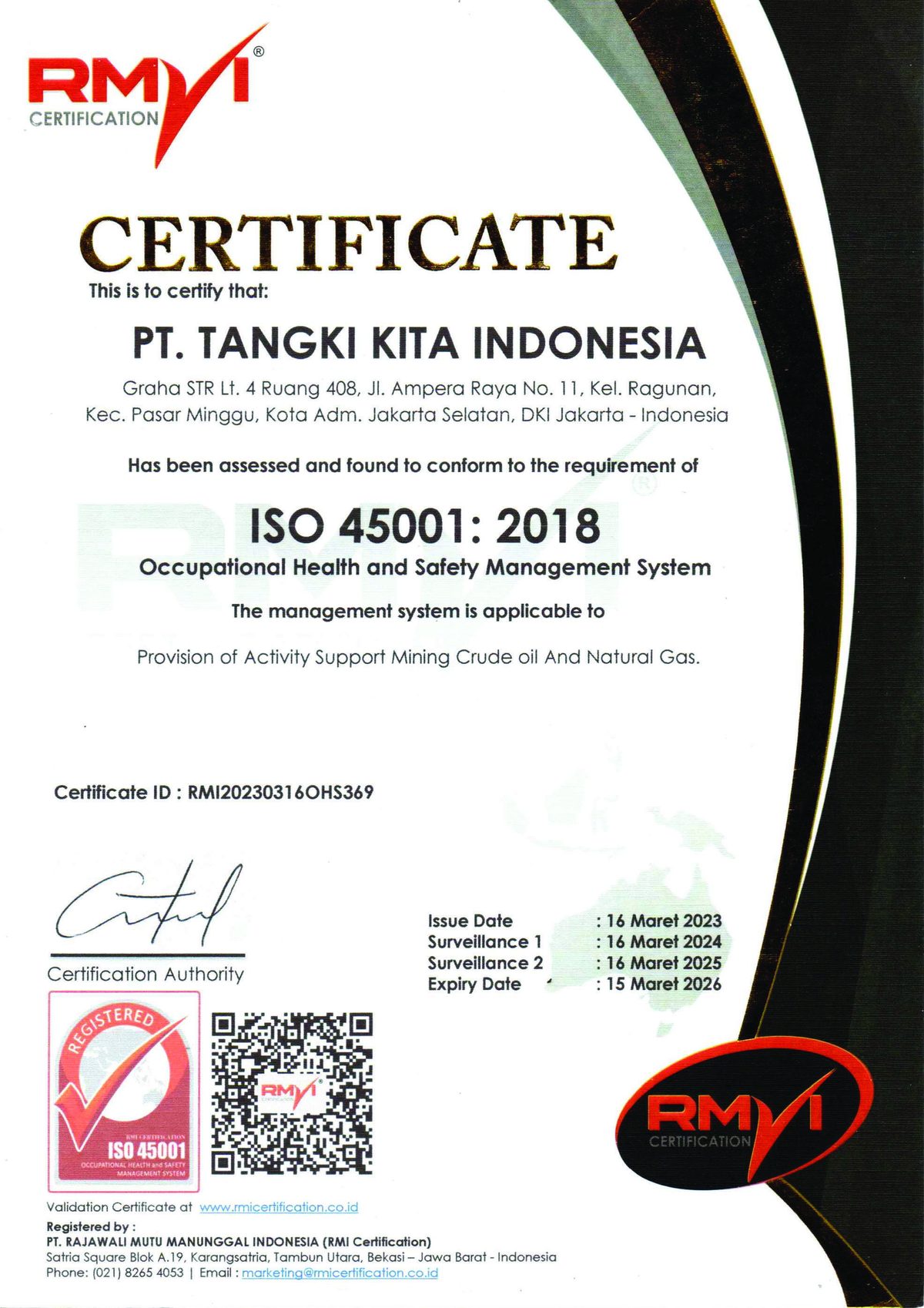 ISO 45001:2018 certificate of PT Tangki Kita Indonesia