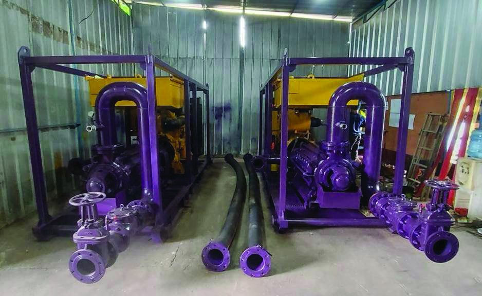 Purple multistage pump skids in the warehouse