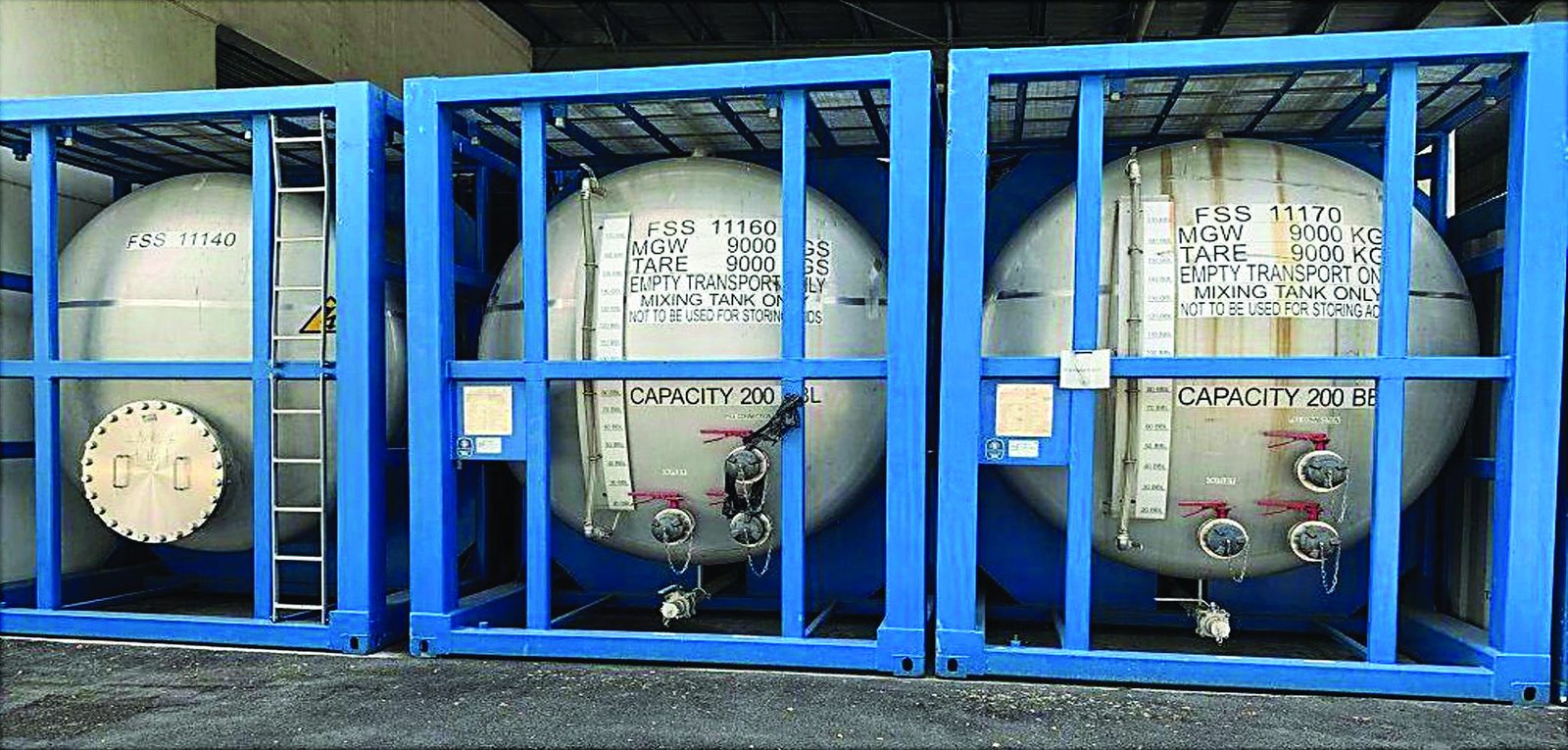Fleet of framed water tanks in the storage yard